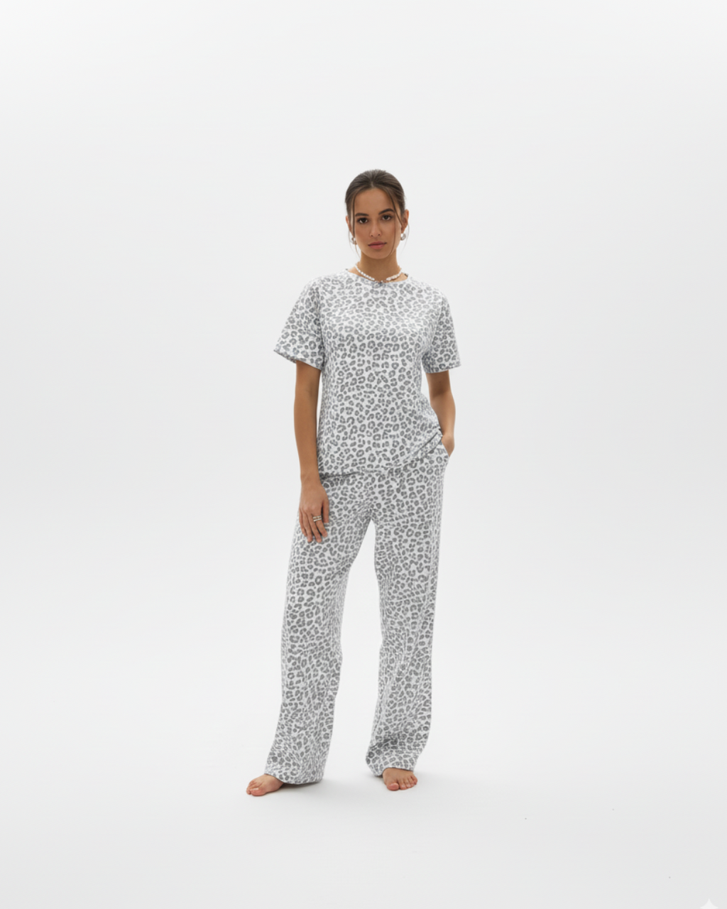 Women’s Leopard Print Pajama Set – Short Sleeve Top & Long Pants Sleepwear in Gray or Pink