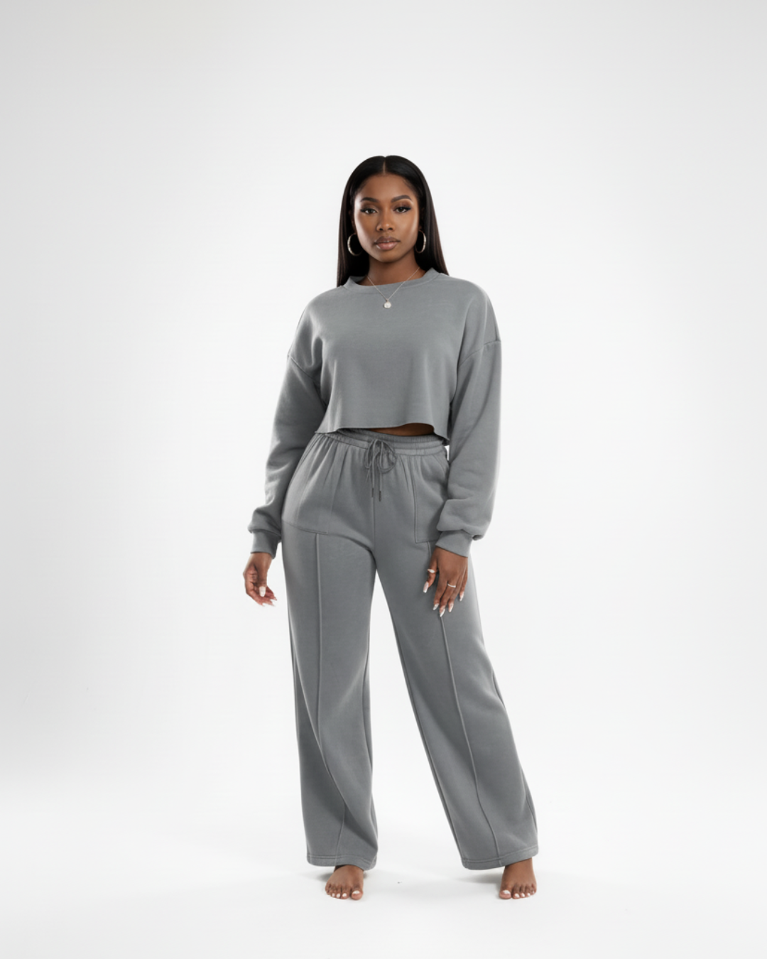 Women’s Charcoal Gray Soft Tracksuit – Two Piece Jogger Set with Cropped Sweatshirt