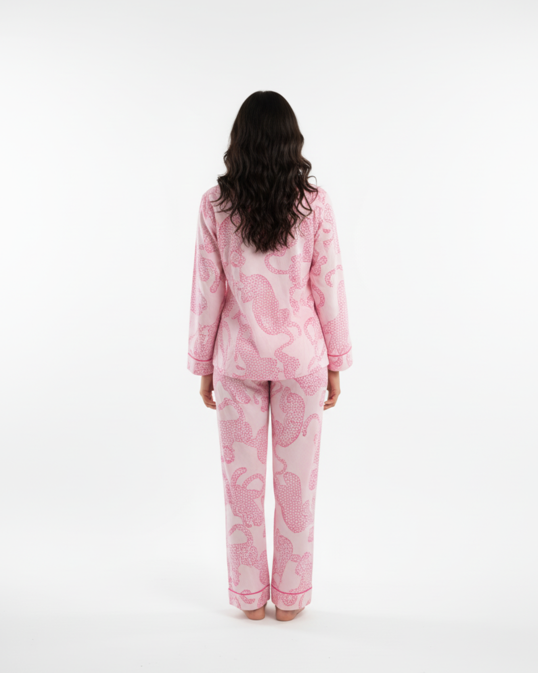 Women’s Pink Tiger Print Pajama Set – Long Sleeve Button Down Top and Pants