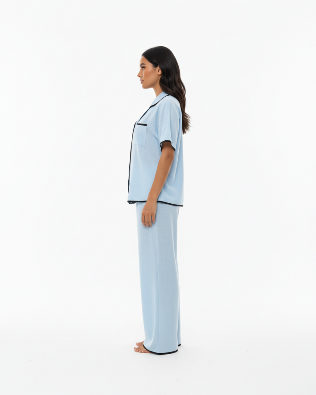 Sky Blue Soft Pajama Set – Short Sleeve Top & Long Pants with Black Piping