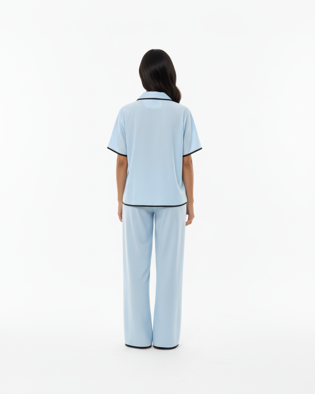 Sky Blue Soft Pajama Set – Short Sleeve Top & Long Pants with Black Piping