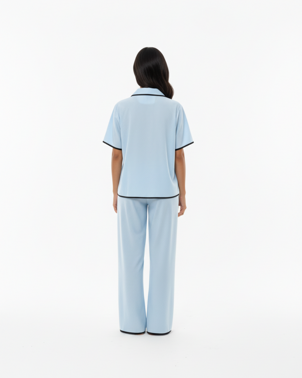 Sky Blue Soft Pajama Set – Short Sleeve Top & Long Pants with Black Piping