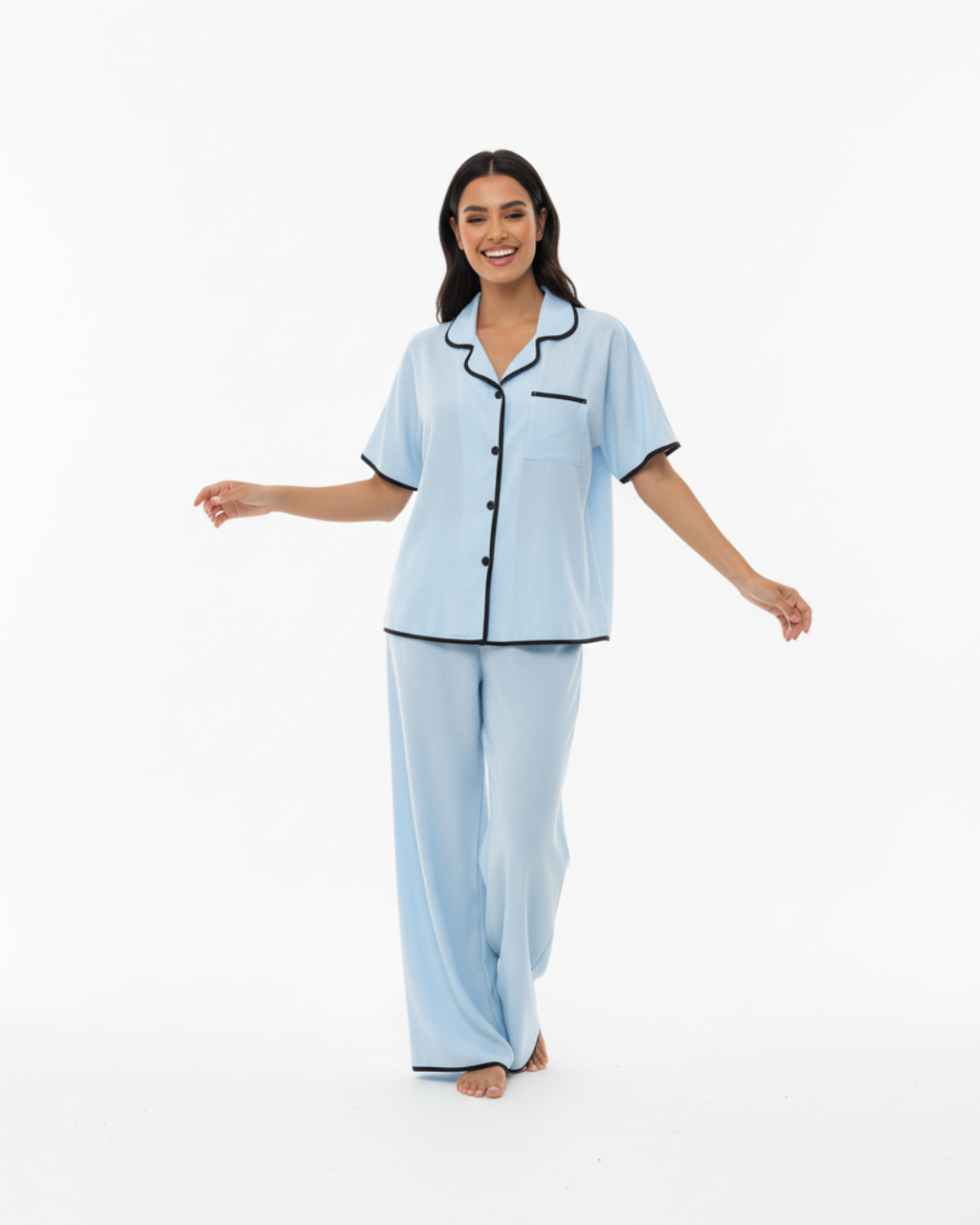Sky Blue Soft Pajama Set – Short Sleeve Top & Long Pants with Black Piping