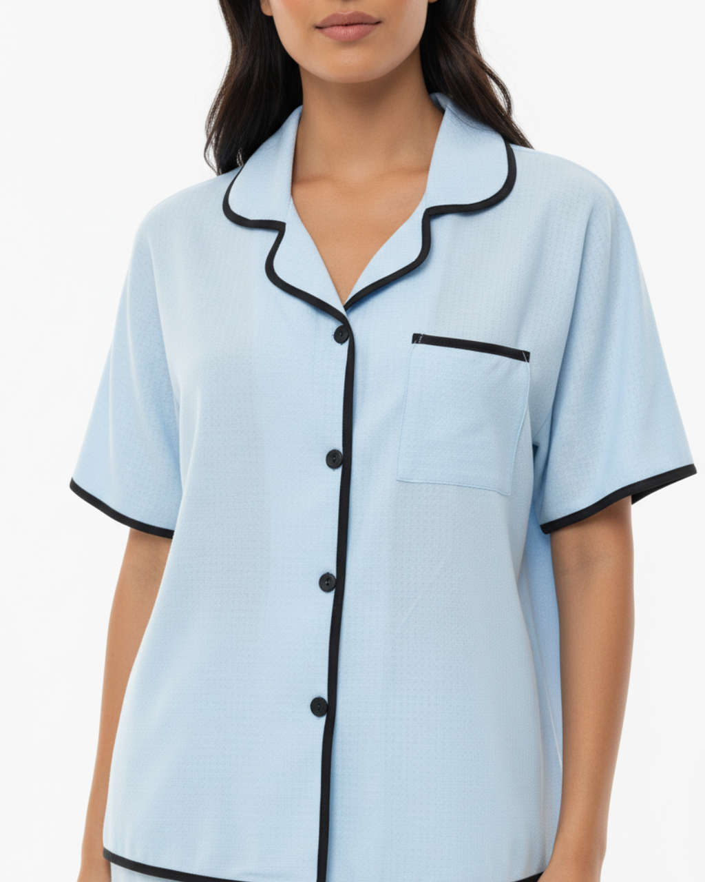 Sky Blue Soft Pajama Set – Short Sleeve Top & Long Pants with Black Piping