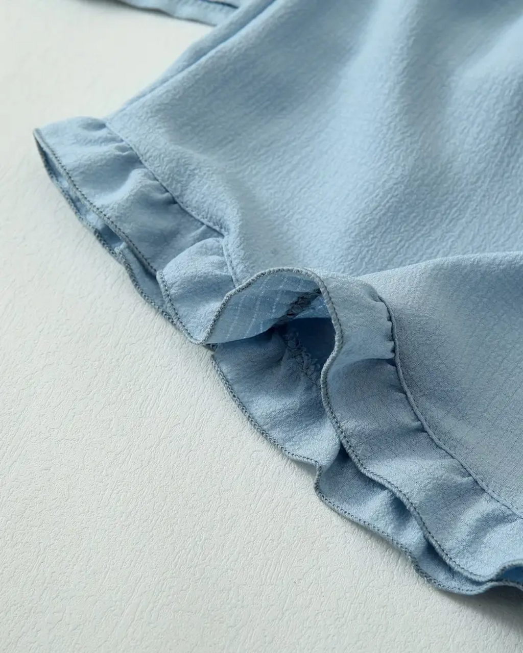 Women’s Light Blue Pajama Set – Short Sleeve Summer PJ Set with Ruffle Shorts