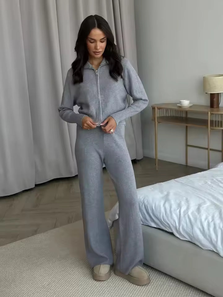 Knitted Loungewear Set with Zip-Up Vest and Wide Leg Pants
