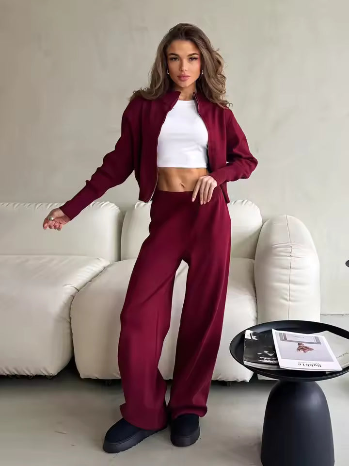 Knitted Loungewear Set with Zip-Up Vest and Wide Leg Pants