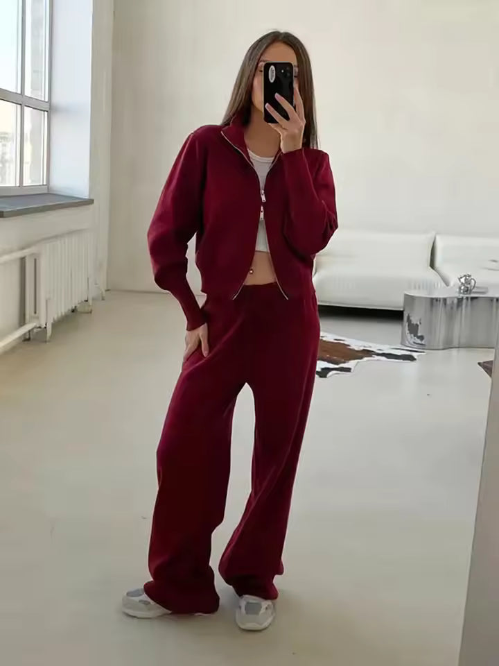 Knitted Loungewear Set with Zip-Up Vest and Wide Leg Pants