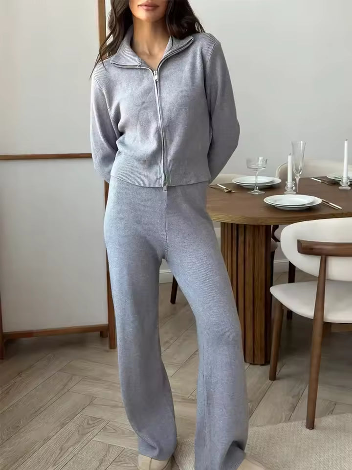 Knitted Loungewear Set with Zip-Up Vest and Wide Leg Pants