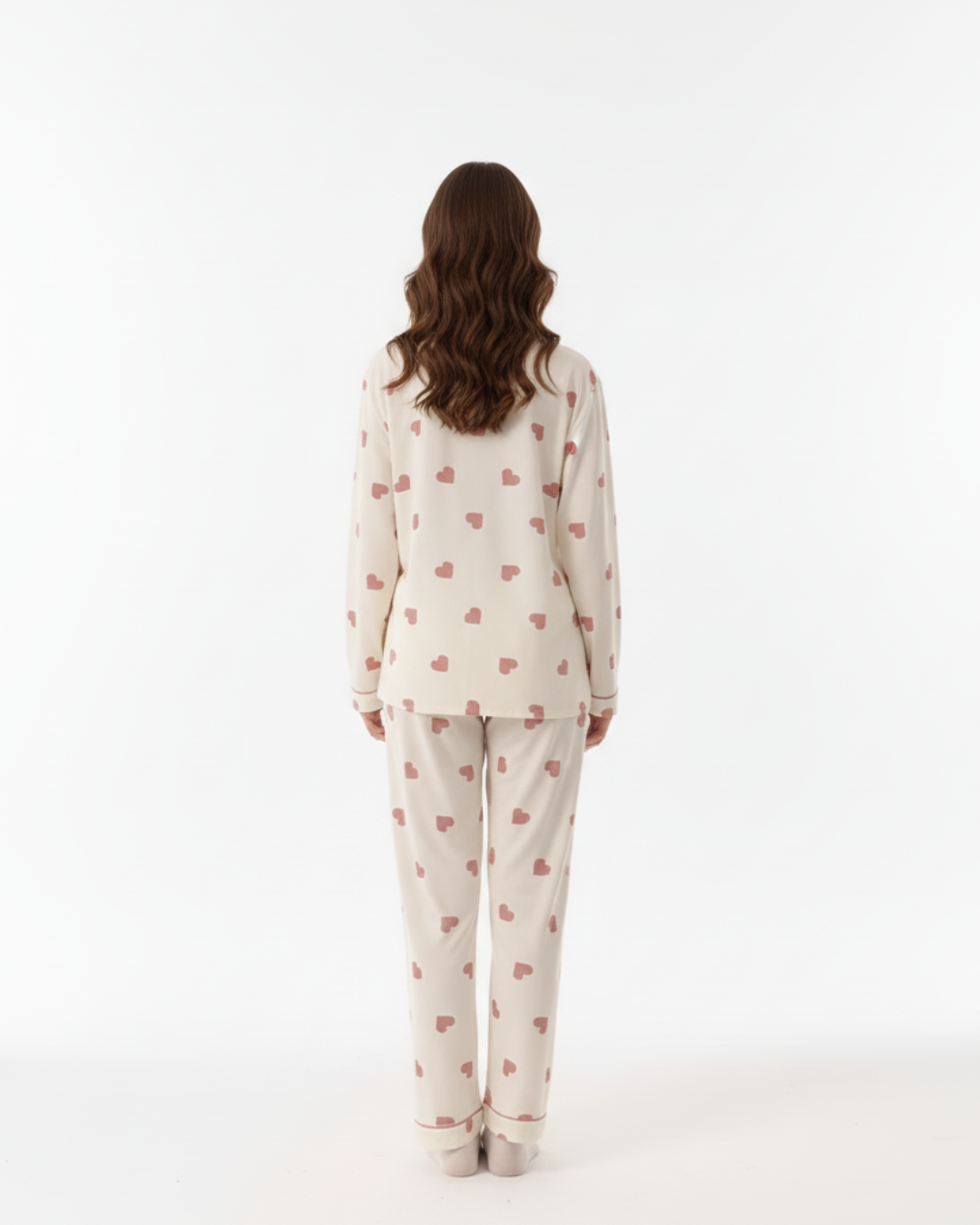 Women’s Cream Pajama Set with Pink Heart Print – Long Sleeve Button Down Top and Pants