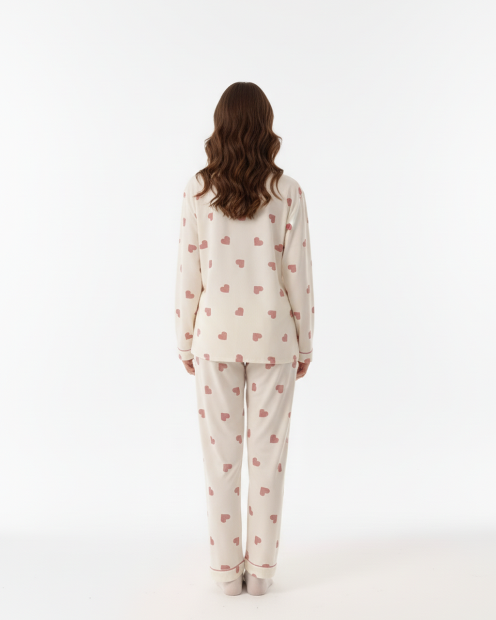 Women’s Cream Pajama Set with Pink Heart Print – Long Sleeve Button Down Top and Pants