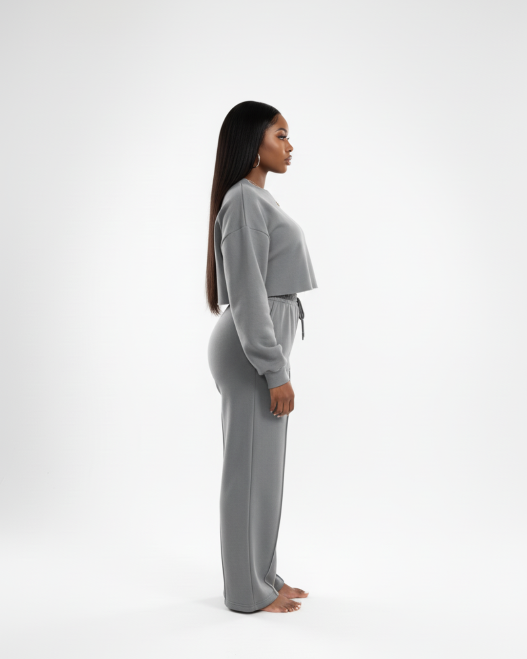 Women’s Charcoal Gray Soft Tracksuit – Two Piece Jogger Set with Cropped Sweatshirt