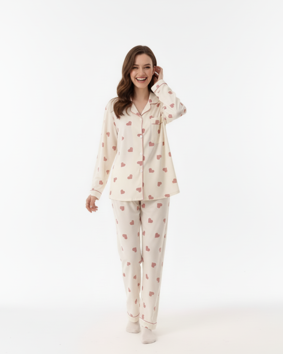 Women’s Cream Pajama Set with Pink Heart Print – Long Sleeve Button Down Top and Pants