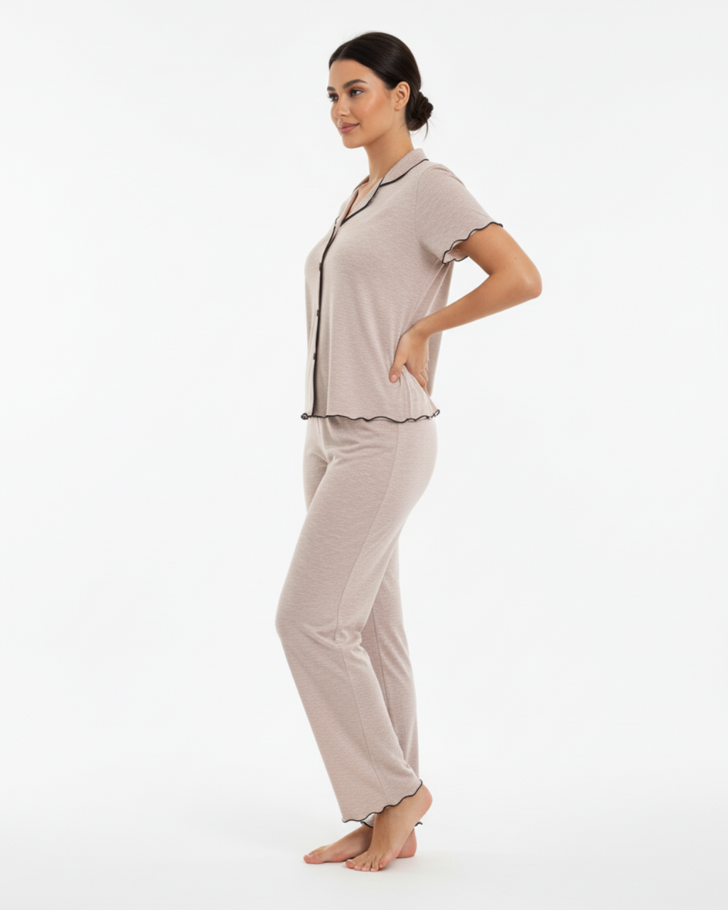 Women’s Beige Pajama Set with Black Piping – Short Sleeve Top and Long Pants