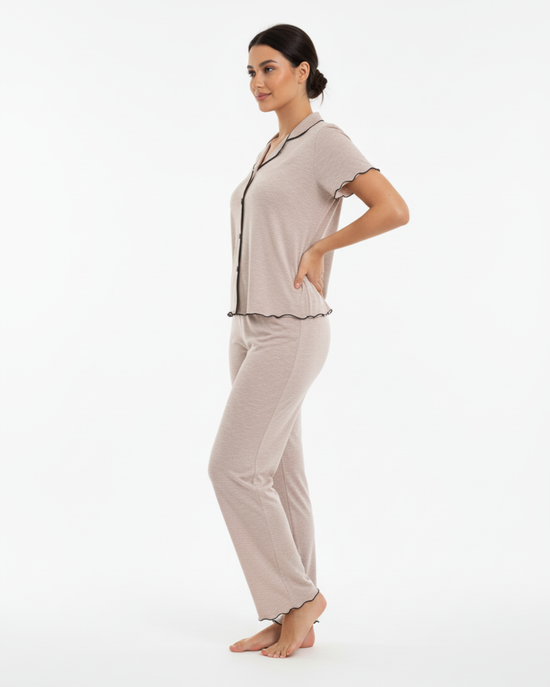 Women’s Beige Pajama Set with Black Piping – Short Sleeve Top and Long Pants
