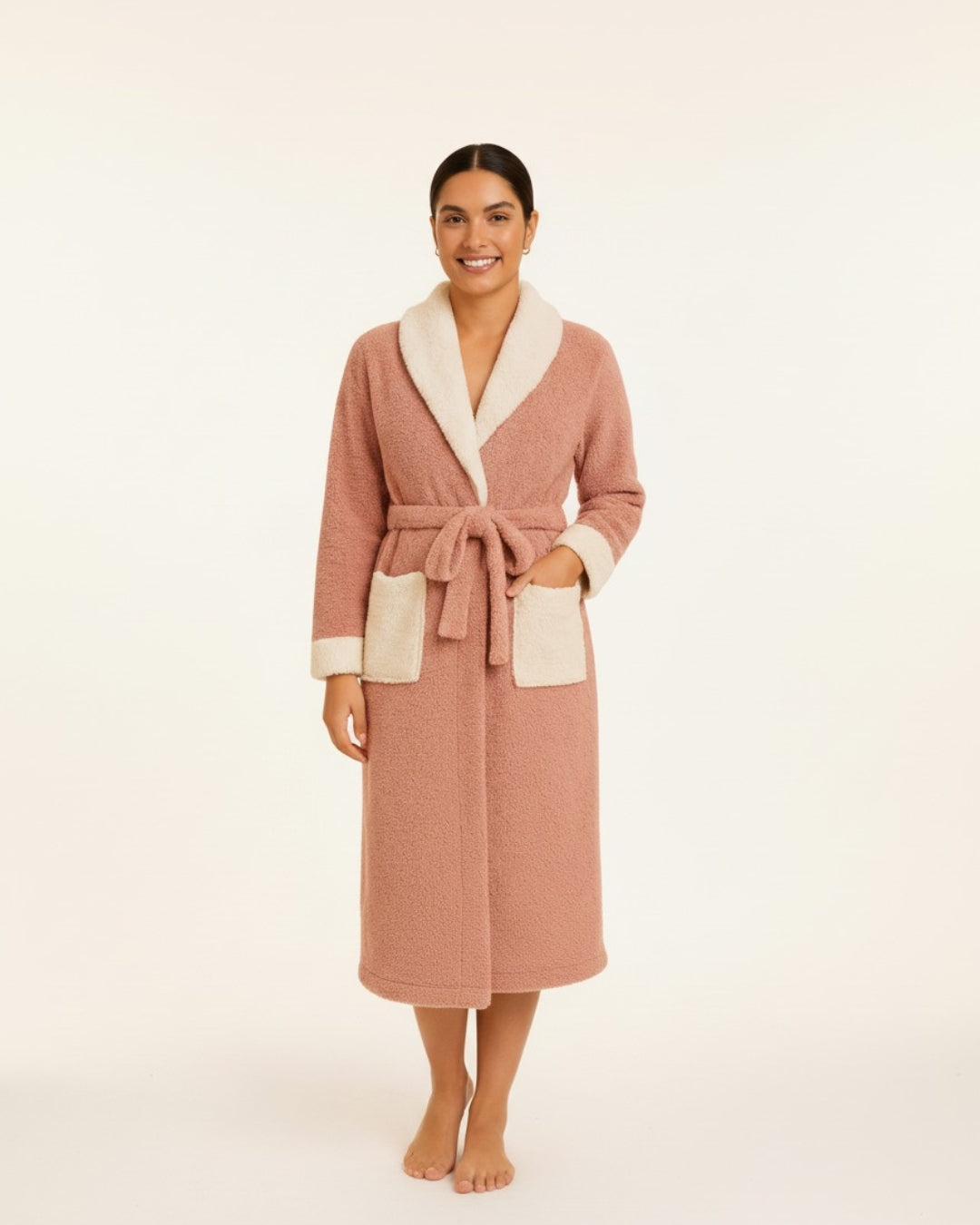 Women's Pink Plush Long Bathrobe - Fleece Bathrobe With Belt