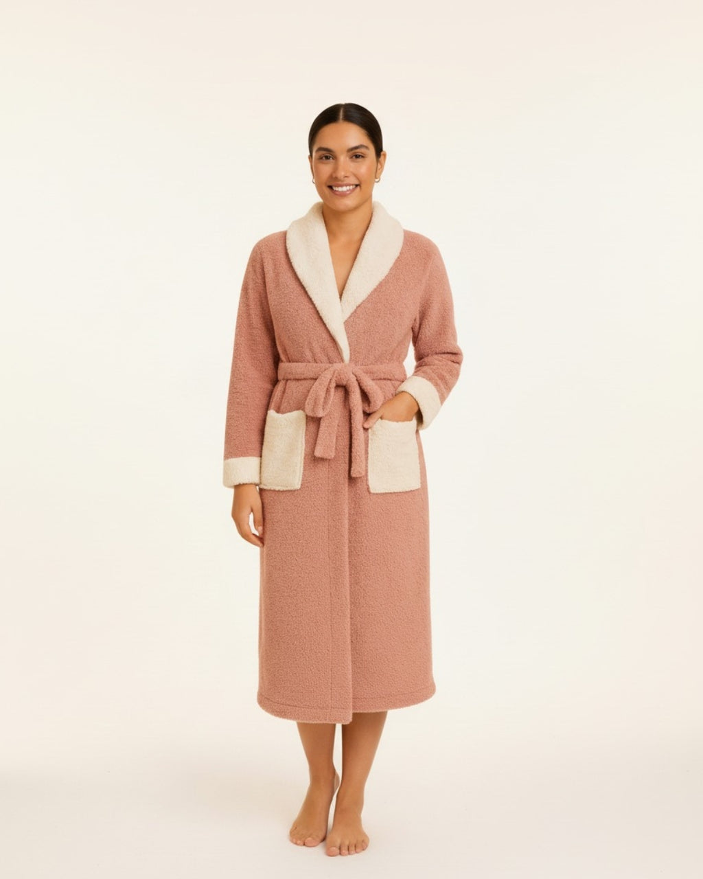 Women's Pink Plush Long Bathrobe - Fleece Bathrobe With Belt