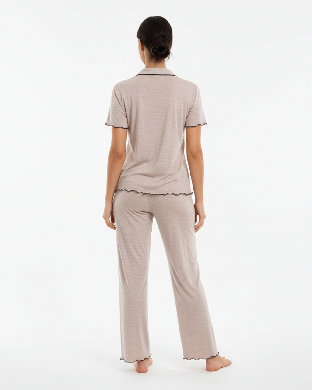 Women’s Beige Pajama Set with Black Piping – Short Sleeve Top and Long Pants
