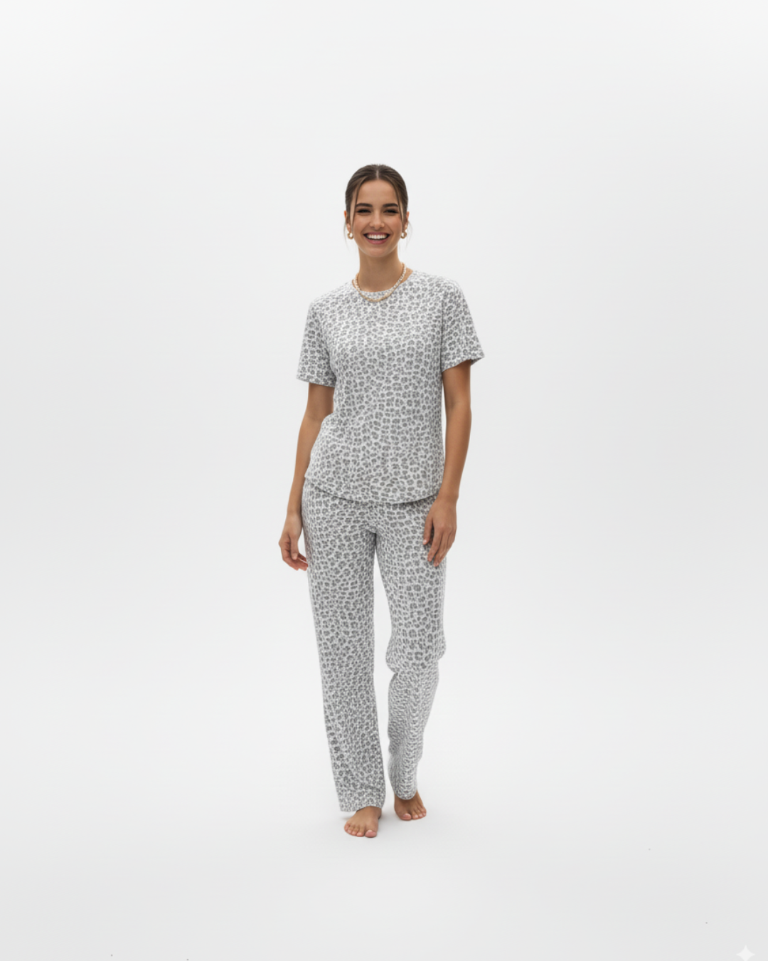 Women’s Leopard Print Pajama Set – Short Sleeve Top & Long Pants Sleepwear in Gray or Pink