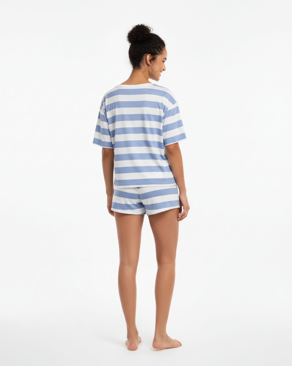 Women’s Short Pajama Set – Blue and White Striped Summer Sleepwear Top & Shorts
