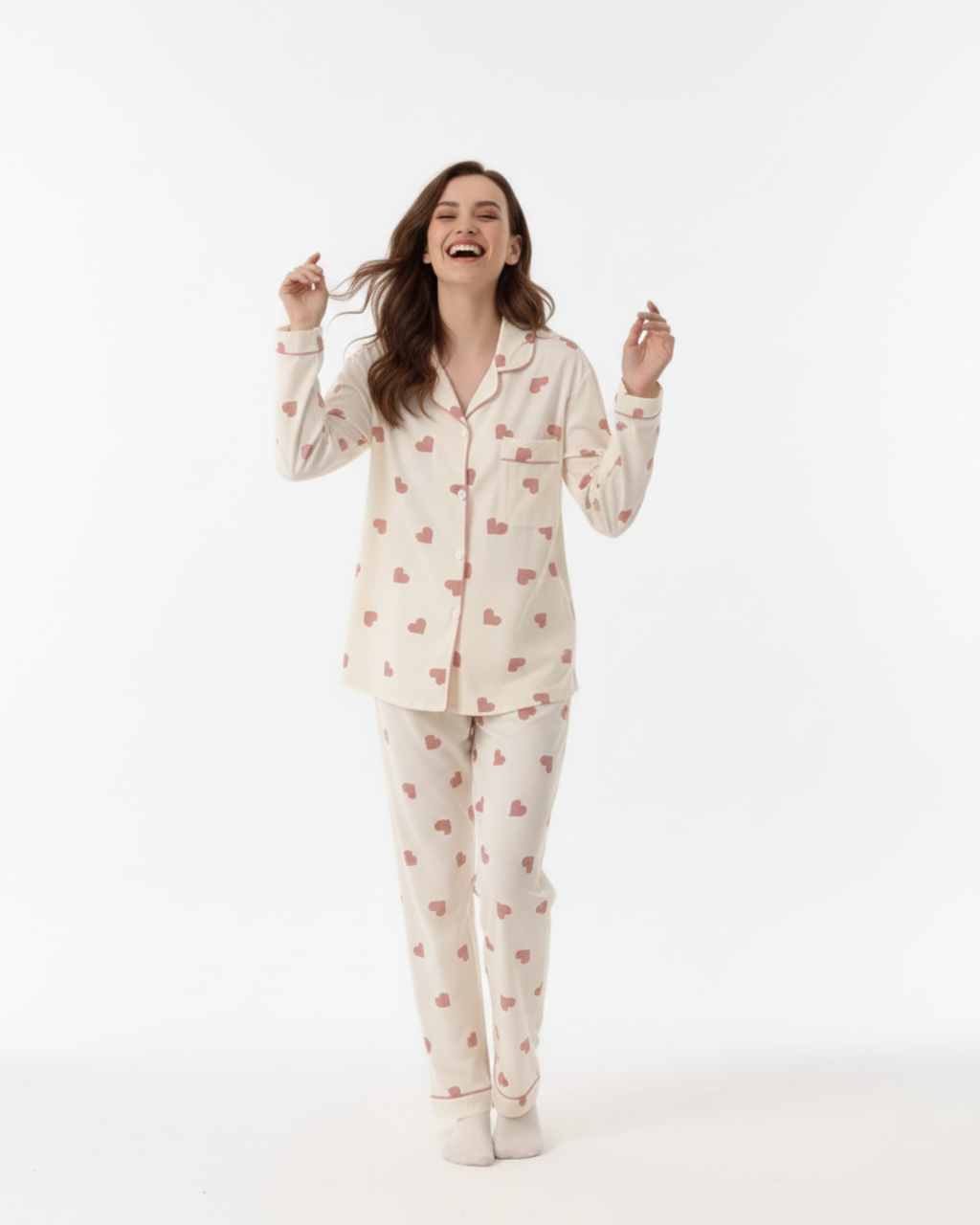Women’s Cream Pajama Set with Pink Heart Print – Long Sleeve Button Down Top and Pants