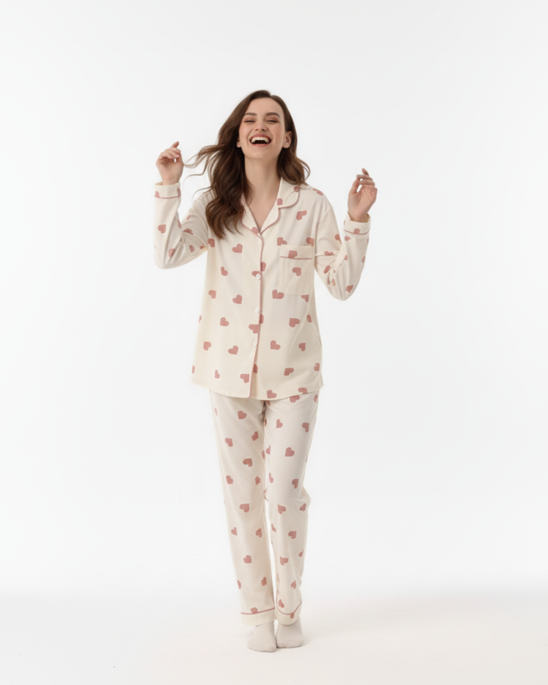 Women’s Cream Pajama Set with Pink Heart Print – Long Sleeve Button Down Top and Pants