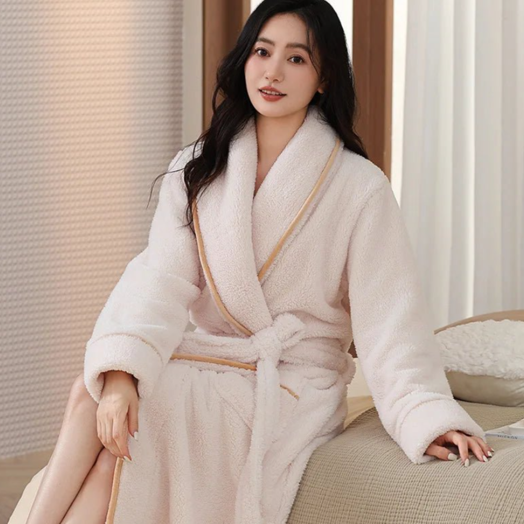 Women’s Long Jacquard Fleece Bathrobe – Thickened Coral Plush Robe with Belt