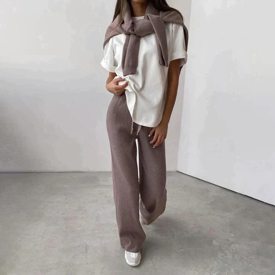 Women's Loungewear Set with Turtleneck and Wide Legs - Coffee