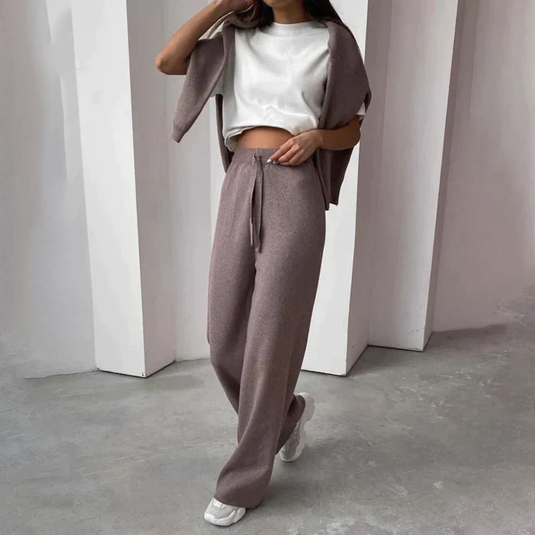 Women's Loungewear Set with Turtleneck and Wide Legs - Coffee