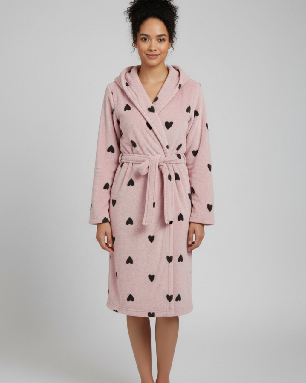 Women's Fleece Midi Bathrobe - Heart Print Bathrobe with belt
