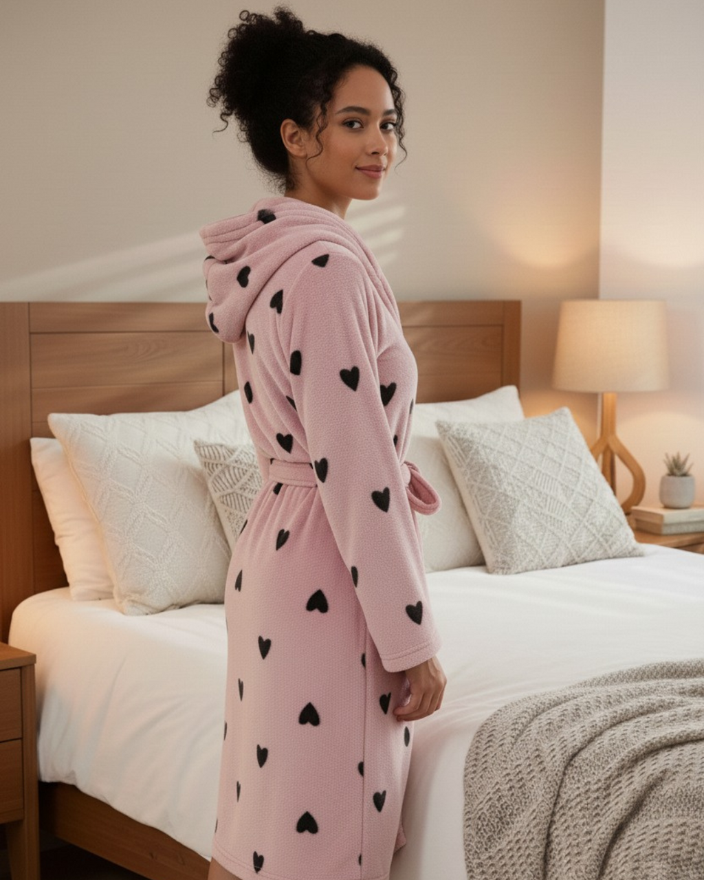 Women's Fleece Midi Bathrobe - Heart Print Bathrobe with belt