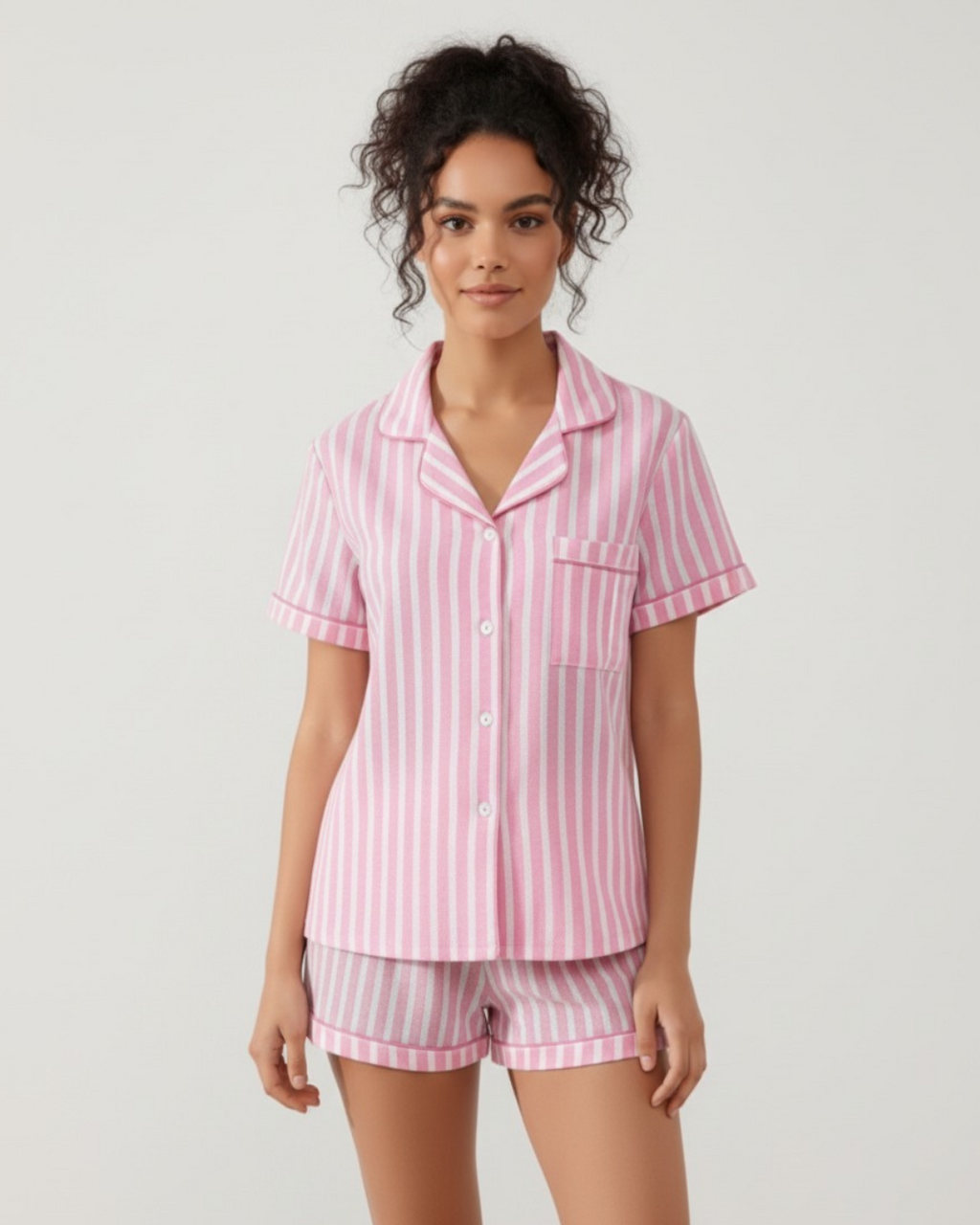 Women's Stripe Short Pajamas - Shortsleeve Collar Shirt with Matching Shorts