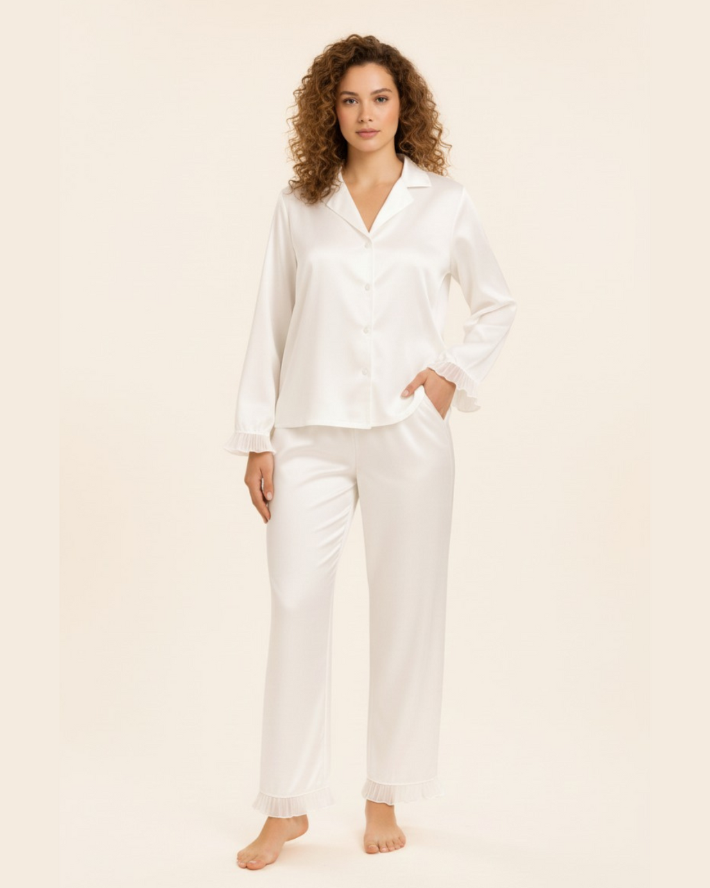 Women's Long Pajama Set - White Satin Longsleeve Shirt And Matching Pants