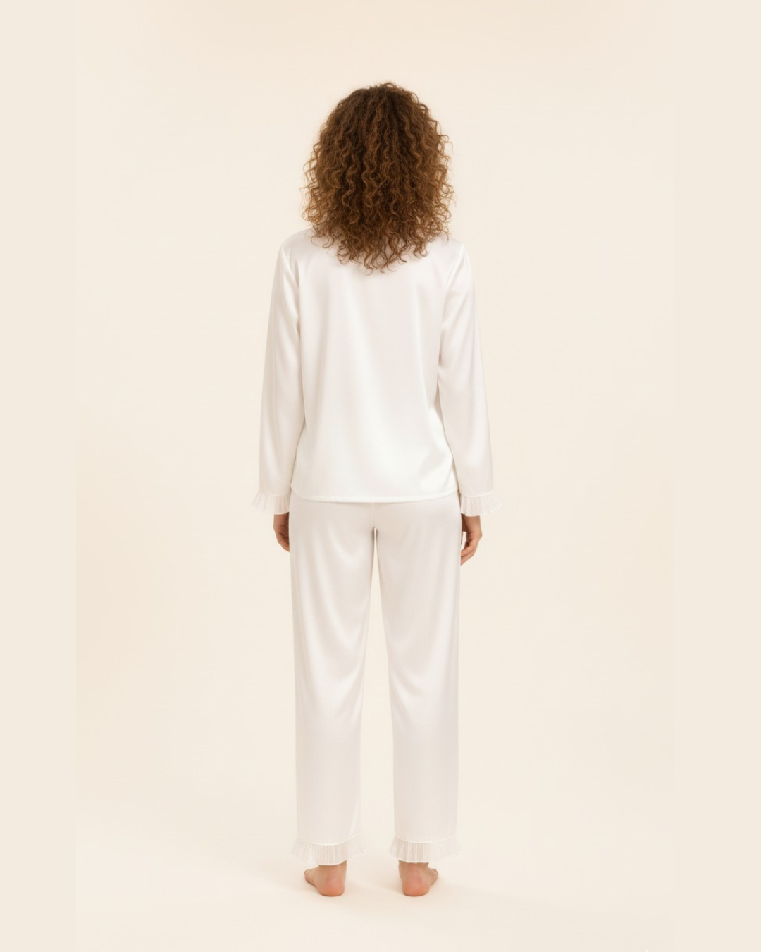 Women's Long Pajama Set - White Satin Longsleeve Shirt And Matching Pants