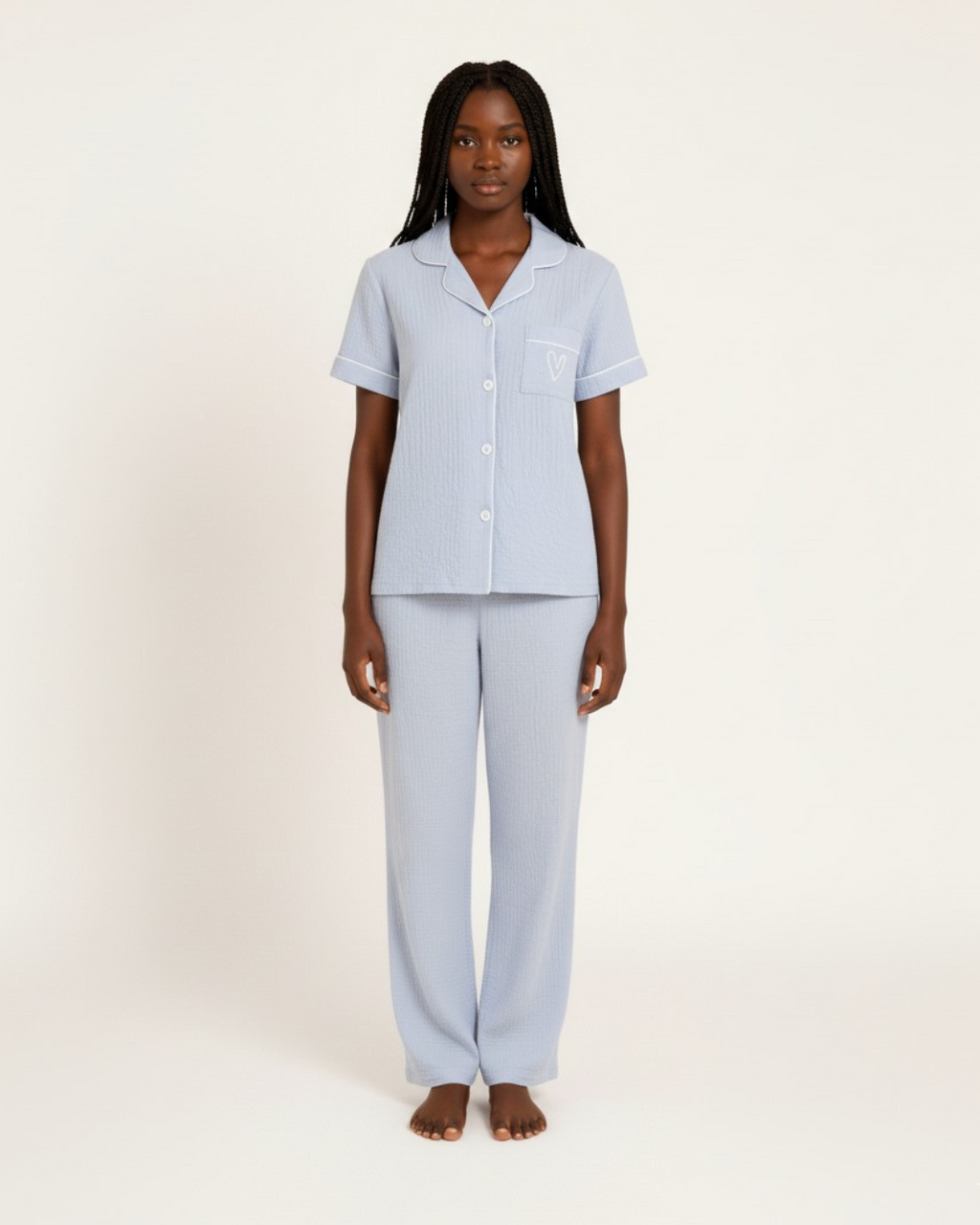 Women's Blue Shortsleeve Pajama - Button Up Shirt With Matching Pants Sleepwear