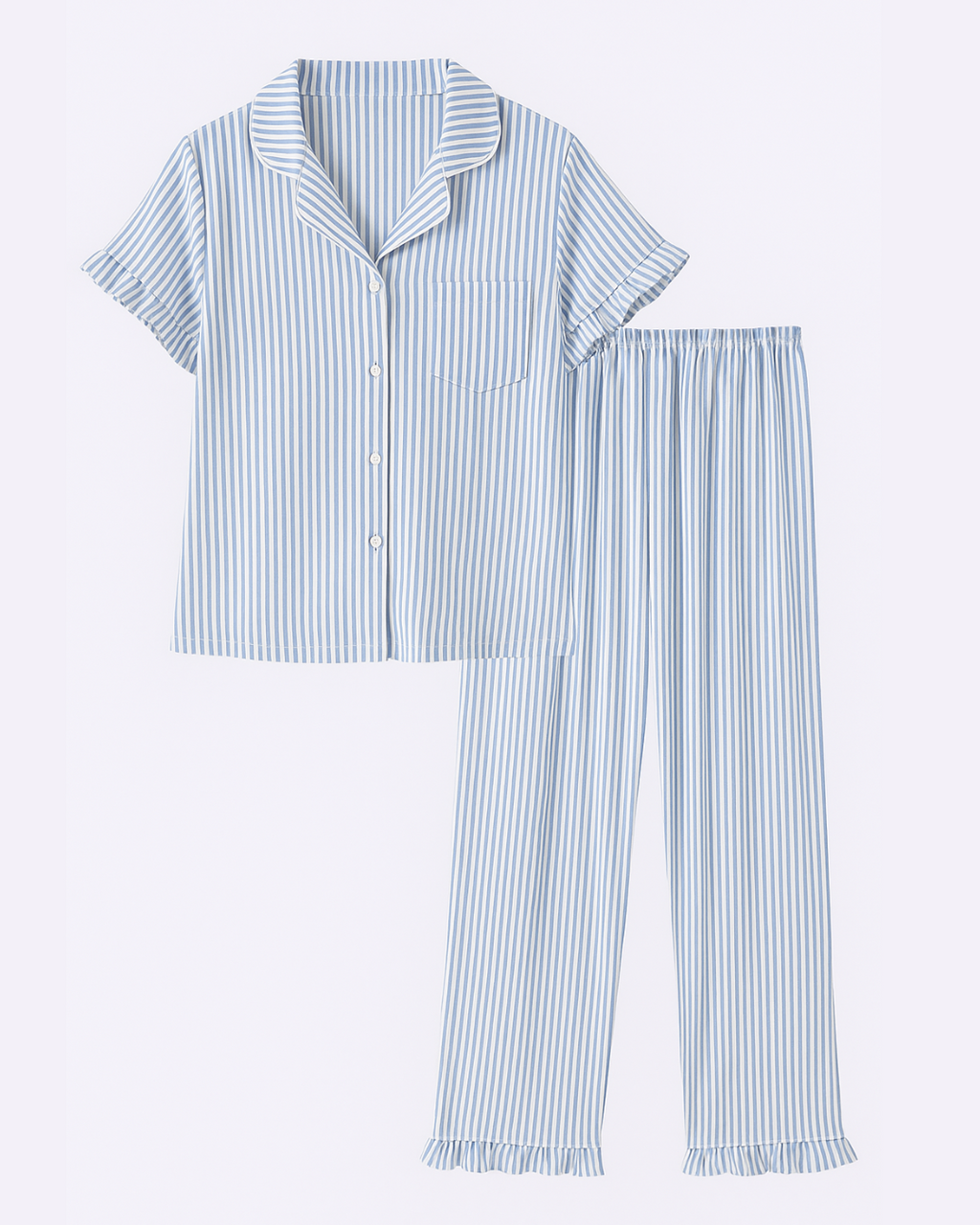Women’s Cotton Pajama Set – Blue & White Striped Button Down Sleepwear, Short Sleeve Top & Pants – Soft Breathable Loungewear