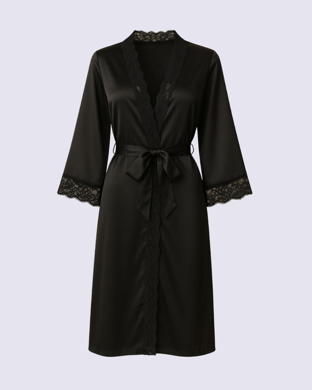 Women's Solid Black Lace Trim Sleep Robe
