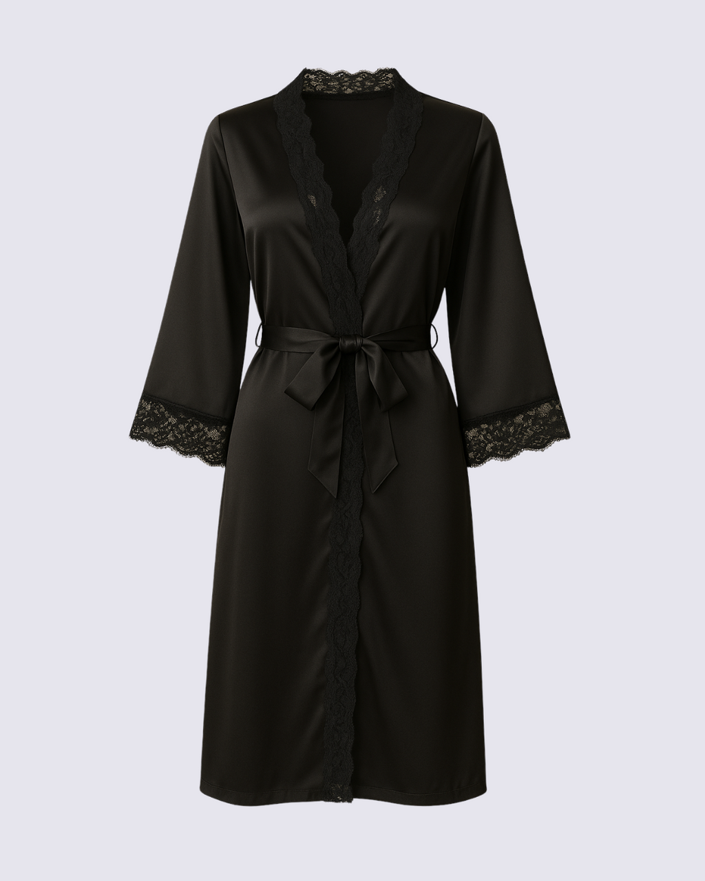 Women's Solid Black Lace Trim Sleep Robe