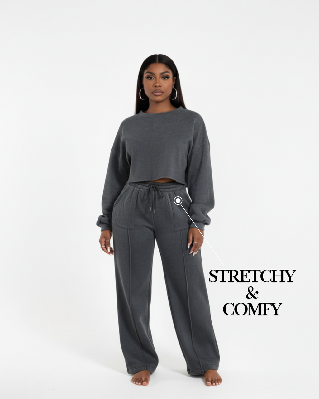 Women’s Dark Charcoal Tracksuit – Soft Two Piece Lounge Set with Cropped Sweatshirt