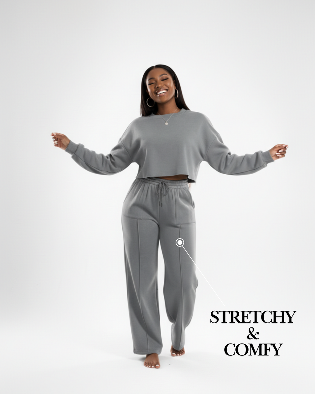 Women’s Charcoal Gray Soft Tracksuit – Two Piece Jogger Set with Cropped Sweatshirt