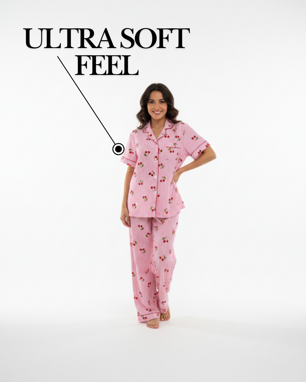 Sweet Cherry Dreams Women’s Pajama Set – Pink Striped Cotton Sleepwear