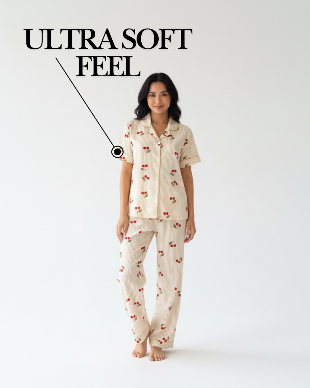 Cherry Delight Pajama Set – Short Sleeve Top & Long Pants in Beige Stripes