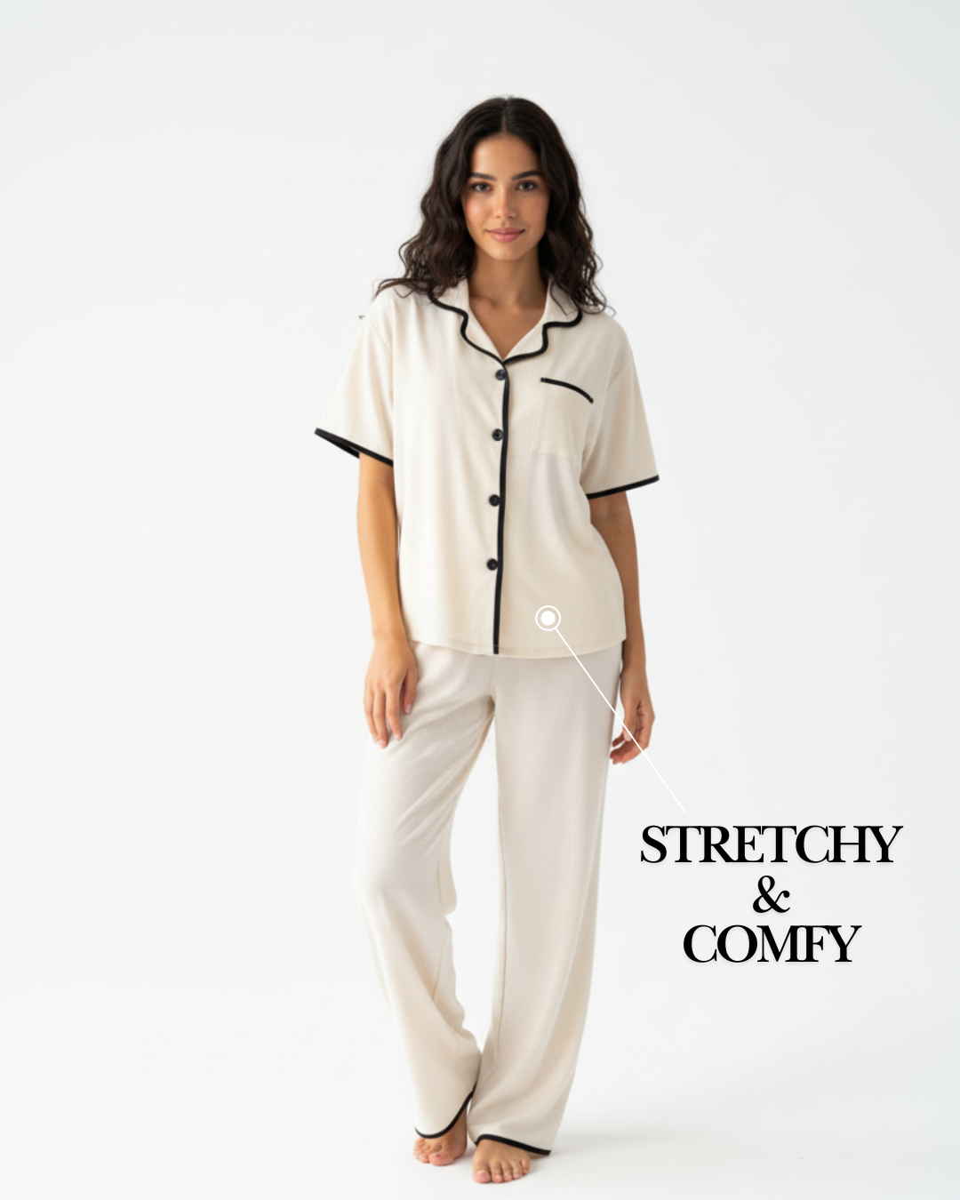 Soft Touch Cream Pajama Set – Short Sleeve Top & Full-Length Pants