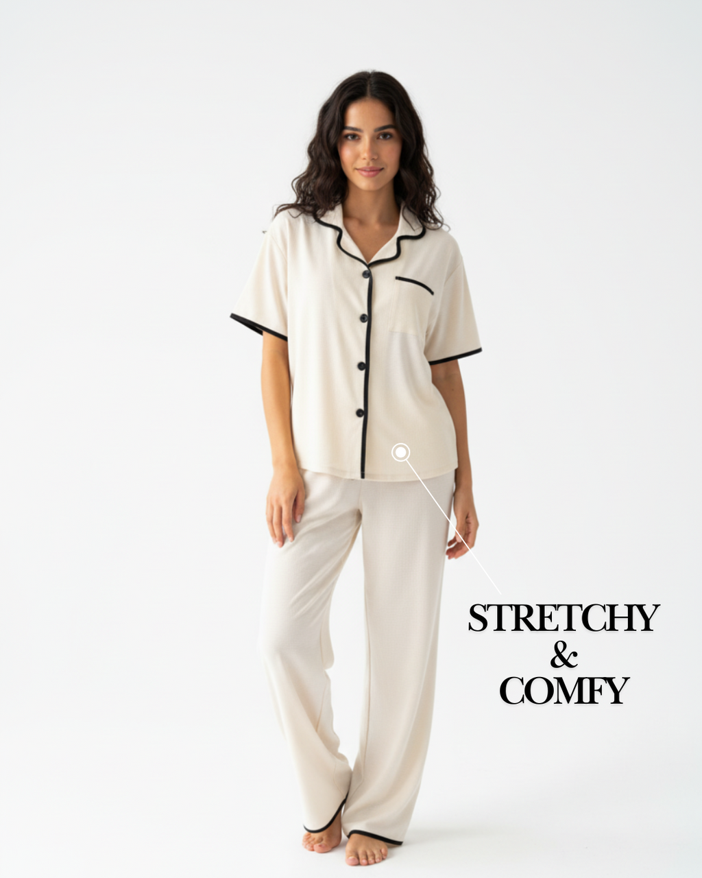 Soft Touch Cream Pajama Set – Short Sleeve Top & Full-Length Pants