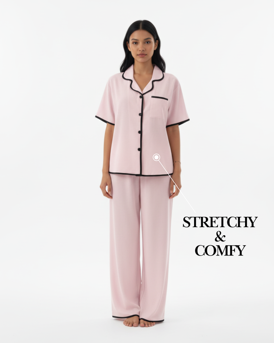 Blush Pink Soft Pajama Set – Short Sleeve Top & Long Pants with Black Trim