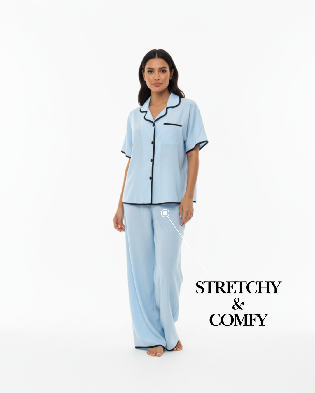 Sky Blue Soft Pajama Set – Short Sleeve Top & Long Pants with Black Piping