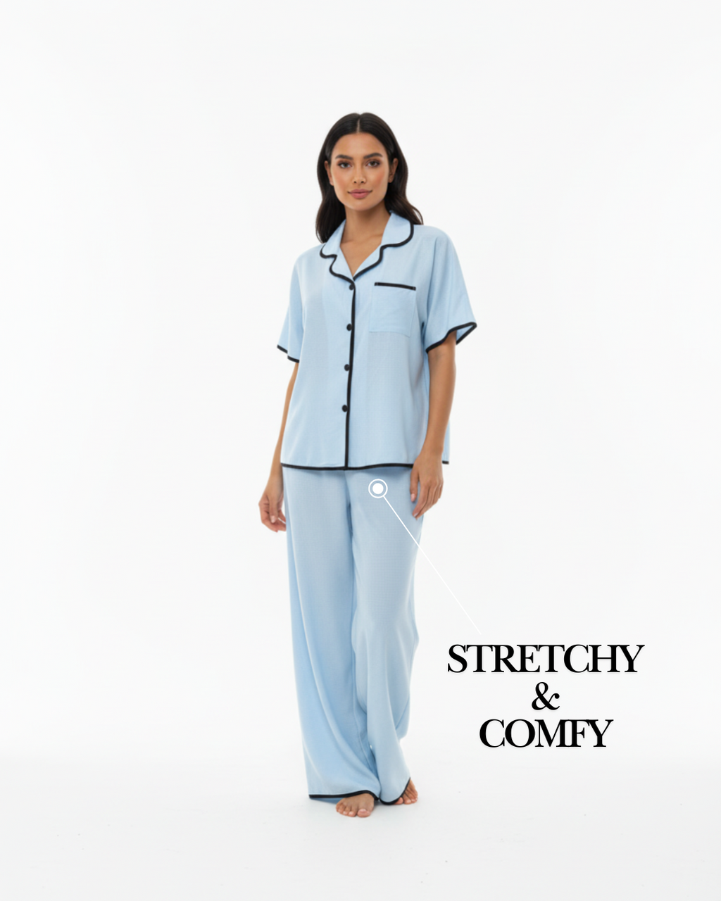 Sky Blue Soft Pajama Set – Short Sleeve Top & Long Pants with Black Piping