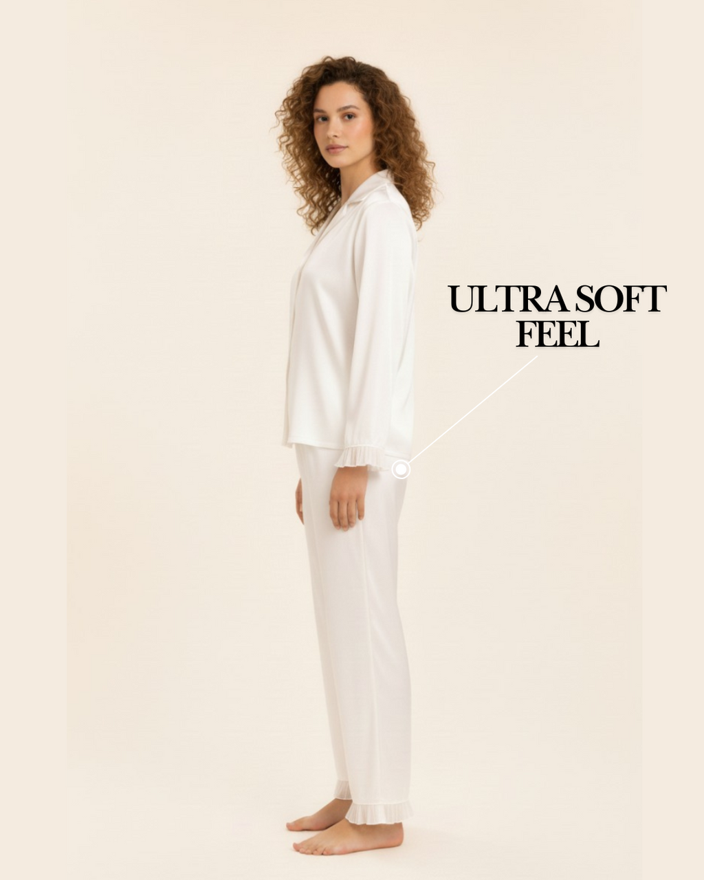 Women's Long Pajama Set - White Satin Longsleeve Shirt And Matching Pants