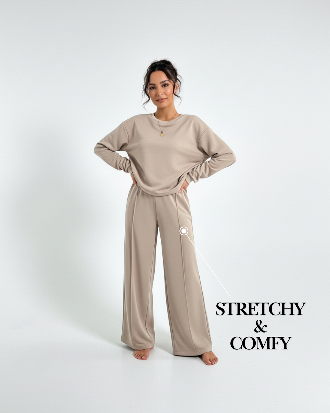 Beige Lounge Tracksuit – Soft Long Sleeve Top & Wide-Leg Pants