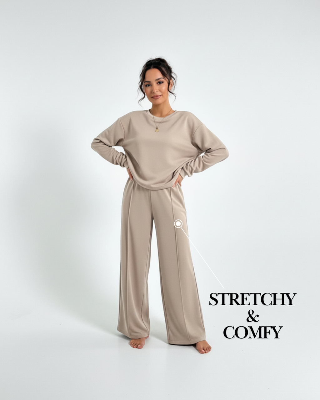 Beige Lounge Tracksuit – Soft Long Sleeve Top & Wide-Leg Pants